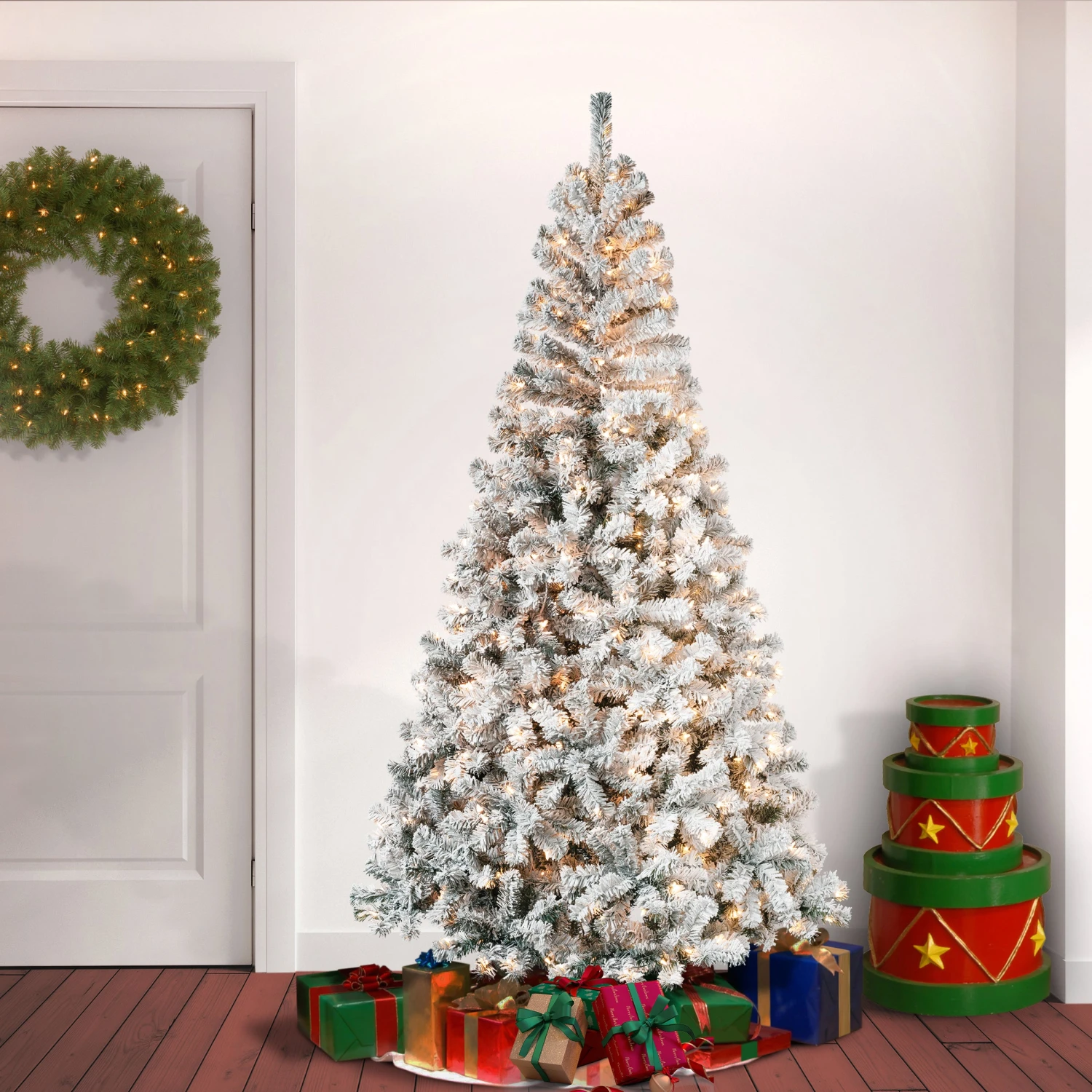 7.5 Ft. Pre-Lit Acacia Flocked Tree With Clear Lights 2 7.5 Ft. Pre-Lit Acacia Flocked Tree With Clear Lights - Image 2