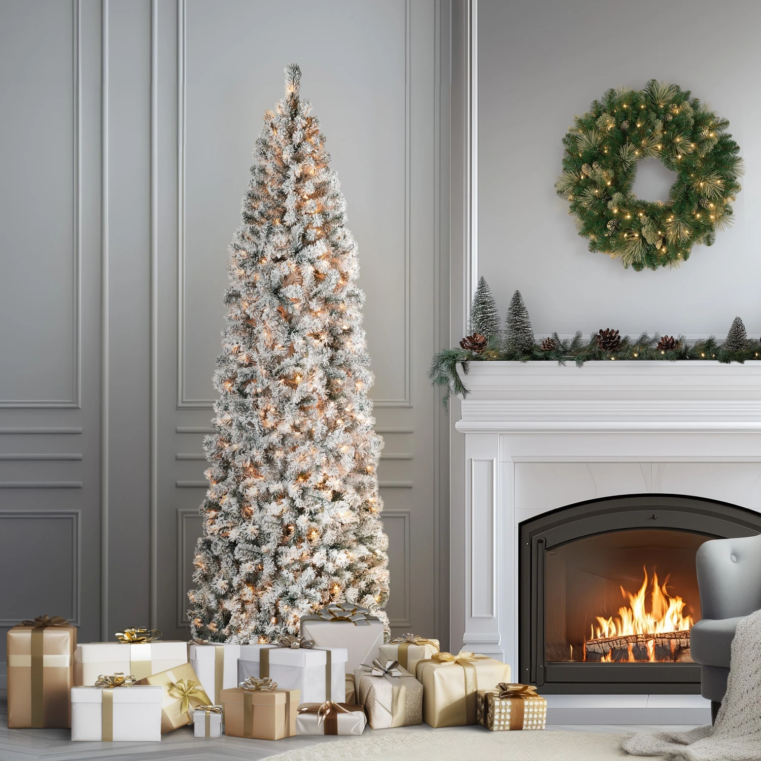 9 Ft. Pre-Lit Acacia Flocked Slim Tree With Clear Lights 3 9 Ft. Pre-Lit Acacia Flocked Slim Tree With Clear Lights - Image 3