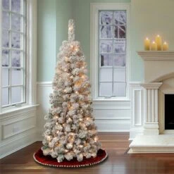 4.5 Ft. Pre-Lit Acacia Pencil Slim Flocked Tree With Clear Lights 17 4.5 Ft. Pre-Lit Acacia Pencil Slim Flocked Tree With Clear Lights -Christmas Trees Sales AC100 304 45F 2