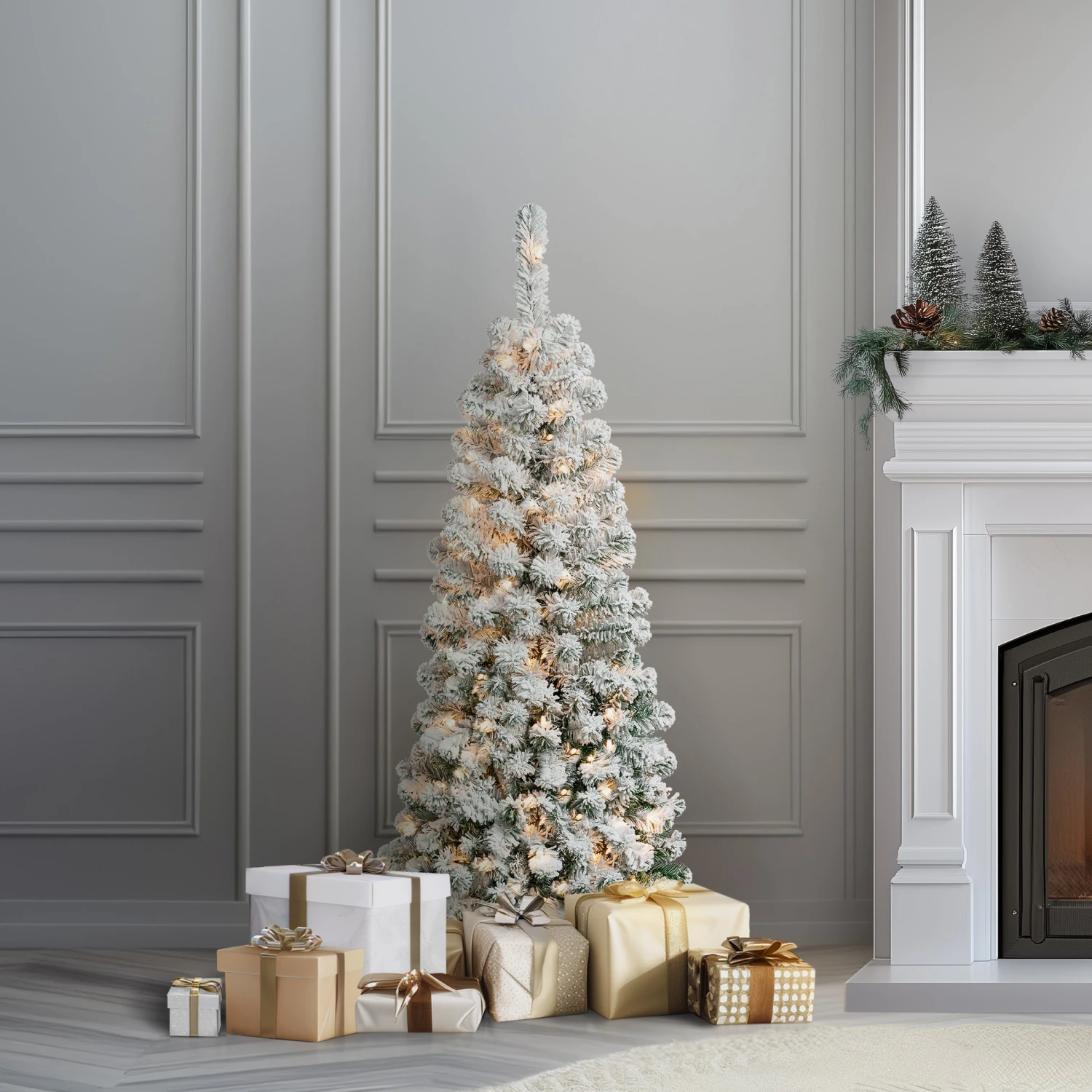 4.5 Ft. Pre-Lit Acacia Pencil Slim Flocked Tree With Clear Lights 4 4.5 Ft. Pre-Lit Acacia Pencil Slim Flocked Tree With Clear Lights - Image 4