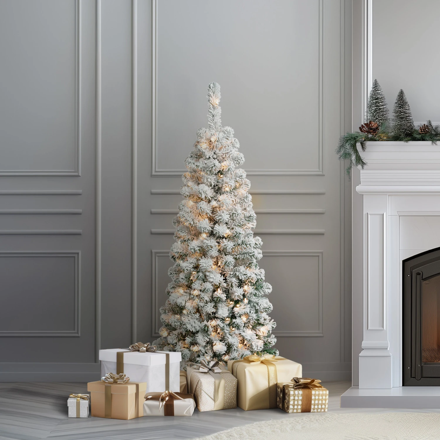 4.5 Ft. Pre-Lit Acacia Pencil Slim Flocked Tree With Clear Lights 3 4.5 Ft. Pre-Lit Acacia Pencil Slim Flocked Tree With Clear Lights - Image 3