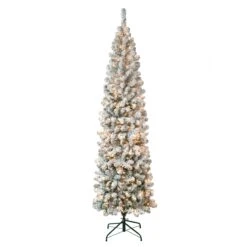 7.5 Ft. Pre-Lit Acacia Pencil Slim Flocked Tree With Clear Lights