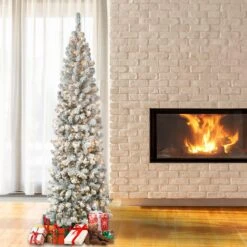 7.5 Ft. Pre-Lit Acacia Pencil Slim Flocked Tree With Clear Lights -Christmas Trees Sales AC100 304 75F 2