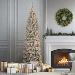 7.5 Ft. Pre-Lit Acacia Pencil Slim Flocked Tree With Clear Lights -Christmas Trees Sales AC100 304 75F SLifestyle1