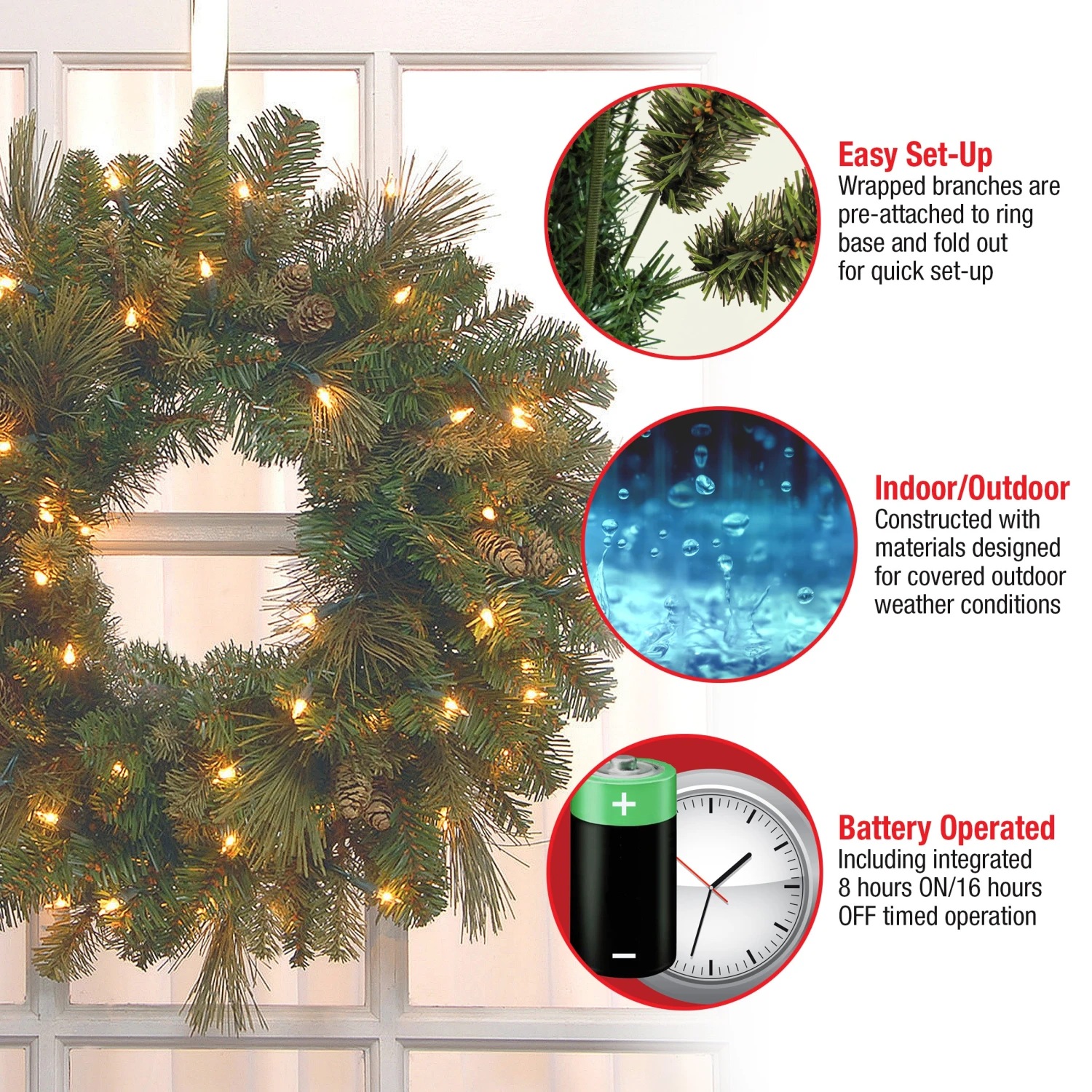 24 In. Pre-Lit Carolina Pine Wreath With LED Lights 5 24 In. Pre-Lit Carolina Pine Wreath With LED Lights - Image 5