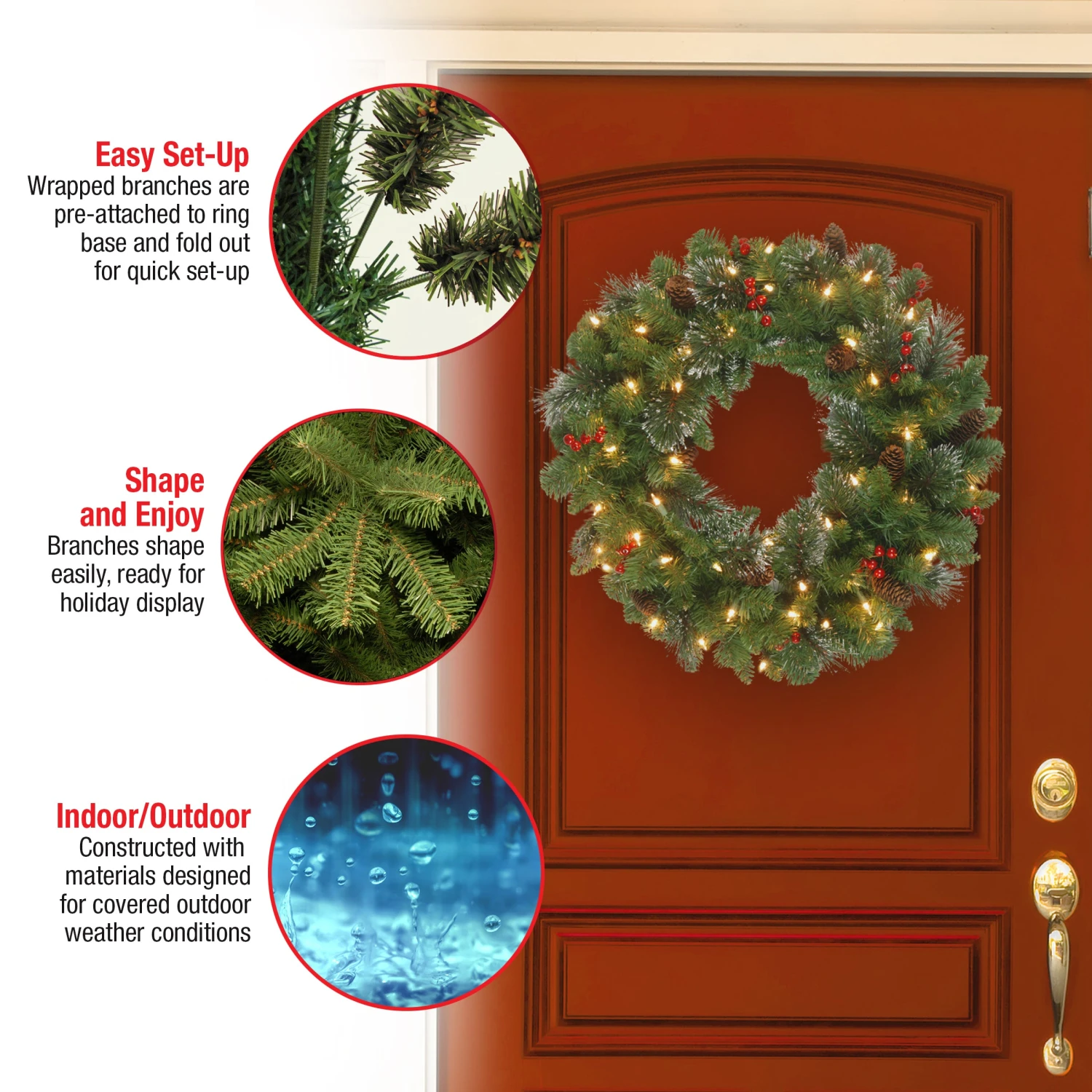 24 In. Pre-Lit Crestwood Spruce Wreath With Clear Lights - Plug In 5 24 In. Pre-Lit Crestwood Spruce Wreath With Clear Lights - Plug In - Image 5