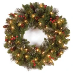 24 In. Pre-Lit Crestwood Spruce Wreath With Clear Lights - Plug In 16 24 In. Pre-Lit Crestwood Spruce Wreath With Clear Lights - Plug In -Christmas Trees Sales Crestwood Spruce2