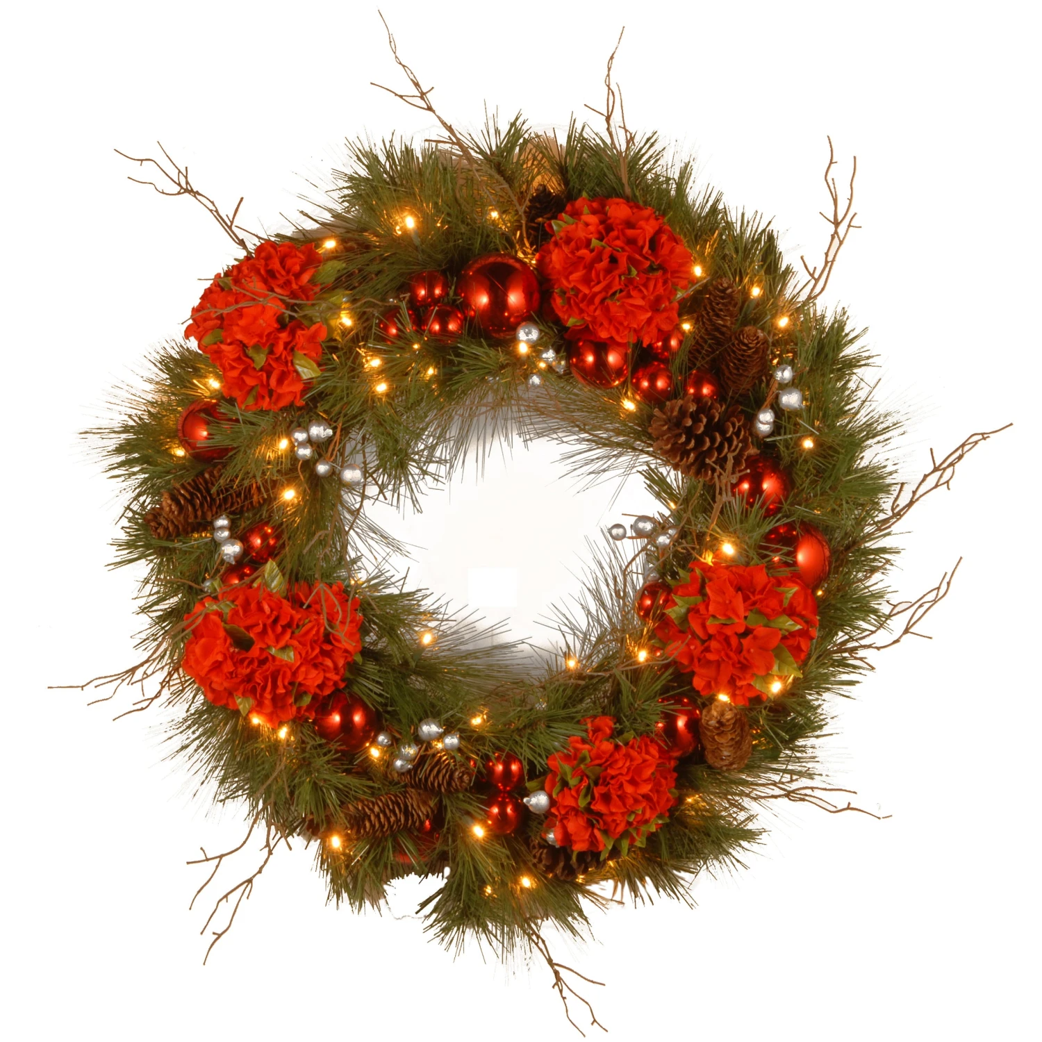 24 In. Pre-Lit Hydrangea Pine Wreath With Warm White LED Lights 1 24 In. Pre-Lit Hydrangea Pine Wreath With Warm White LED Lights
