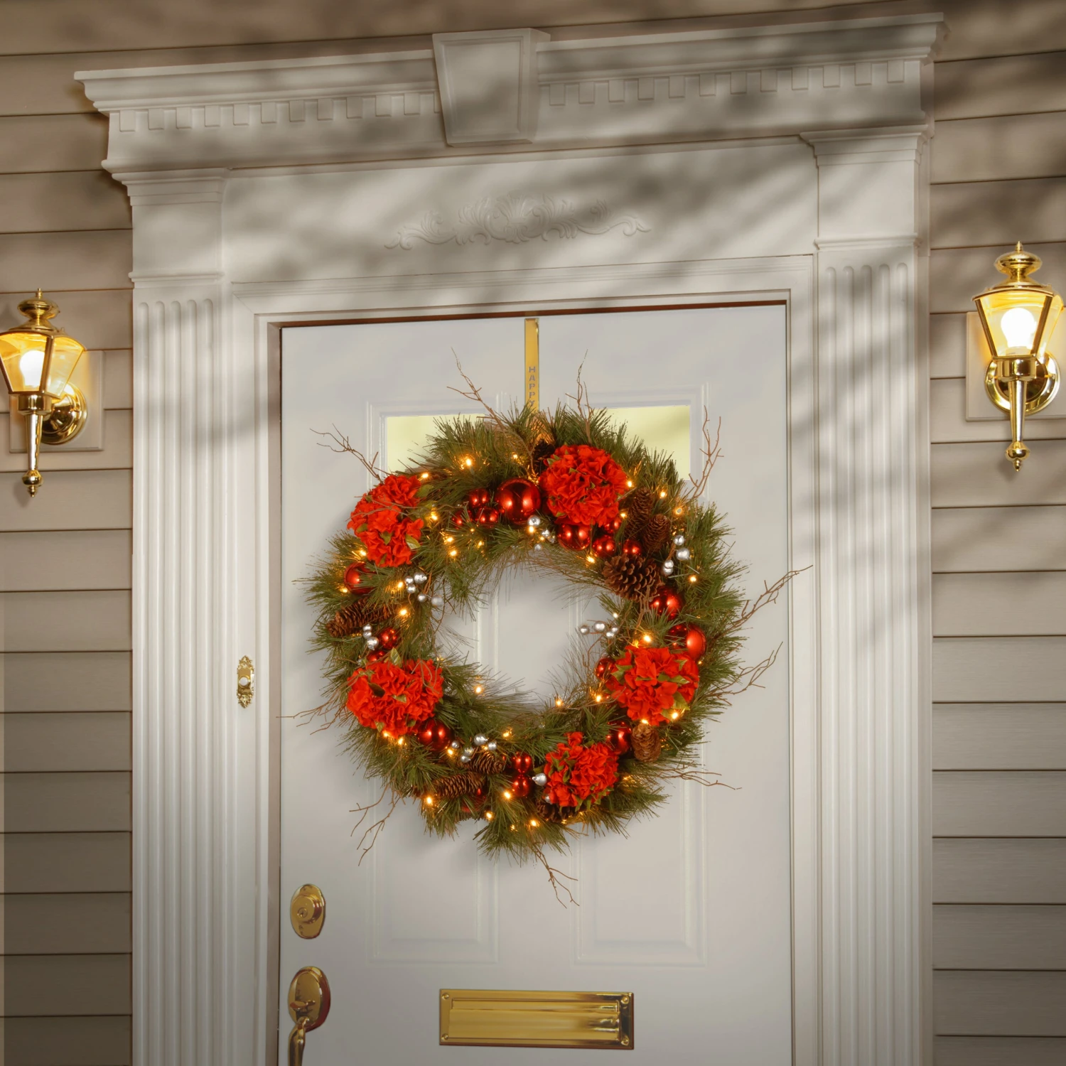 24 In. Pre-Lit Hydrangea Pine Wreath With Warm White LED Lights 2 24 In. Pre-Lit Hydrangea Pine Wreath With Warm White LED Lights - Image 2