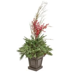 48 In. Pre Lit Evergreen Artificial Shrub With Red Berries, Pine Cones, LED Lights