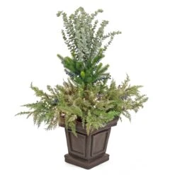 48 In. Pre Lit Cedar And Evergreen Artificial Shrubwith Blue And White Berries, LED Lights