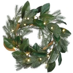 24 In. Pre-Lit Magnolia Mix Pine Wreath With LED Lights