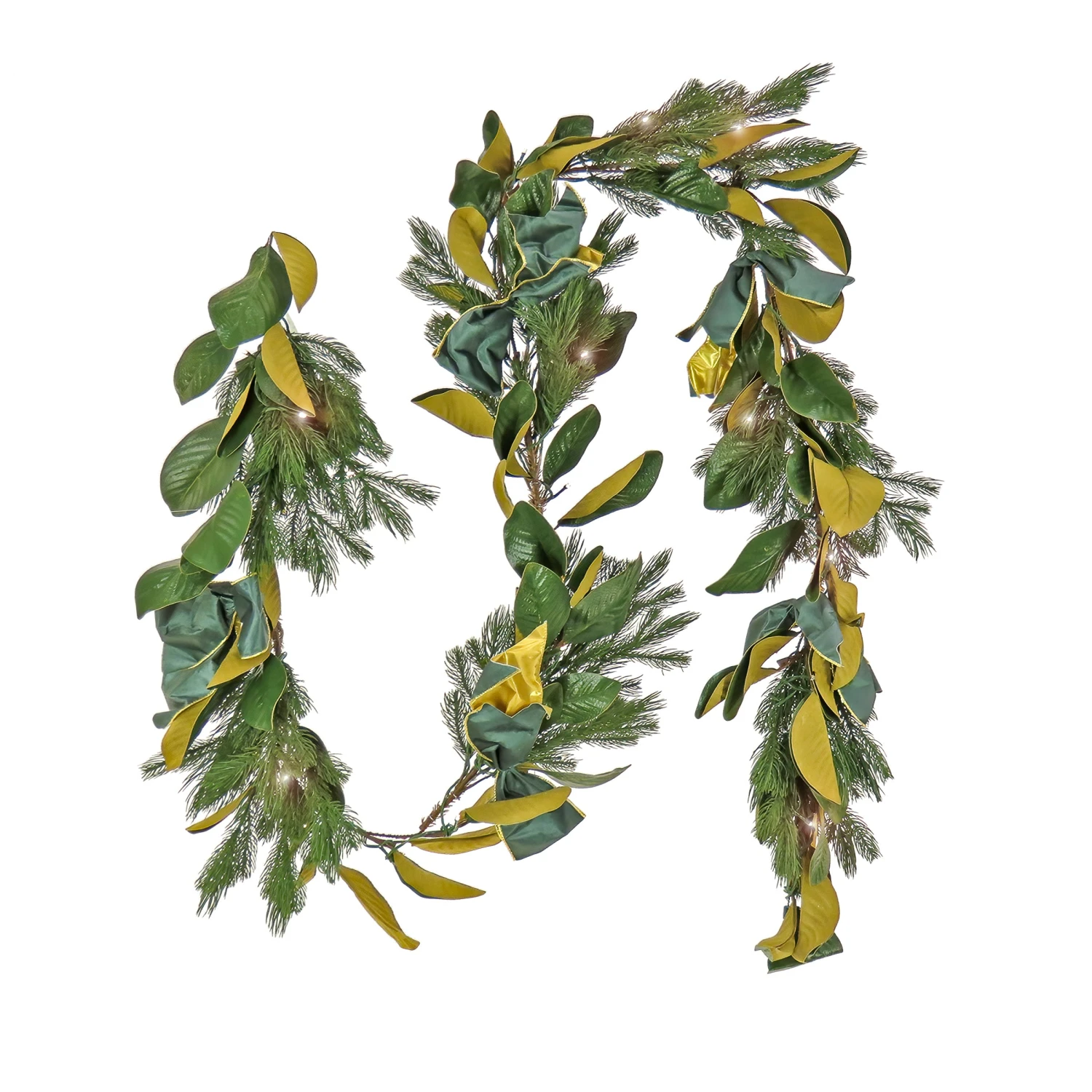 9 Ft. Pre-Lit Magnolia Mix Pine Garland With Warm White LED Lights 1 9 Ft. Pre-Lit Magnolia Mix Pine Garland With Warm White LED Lights