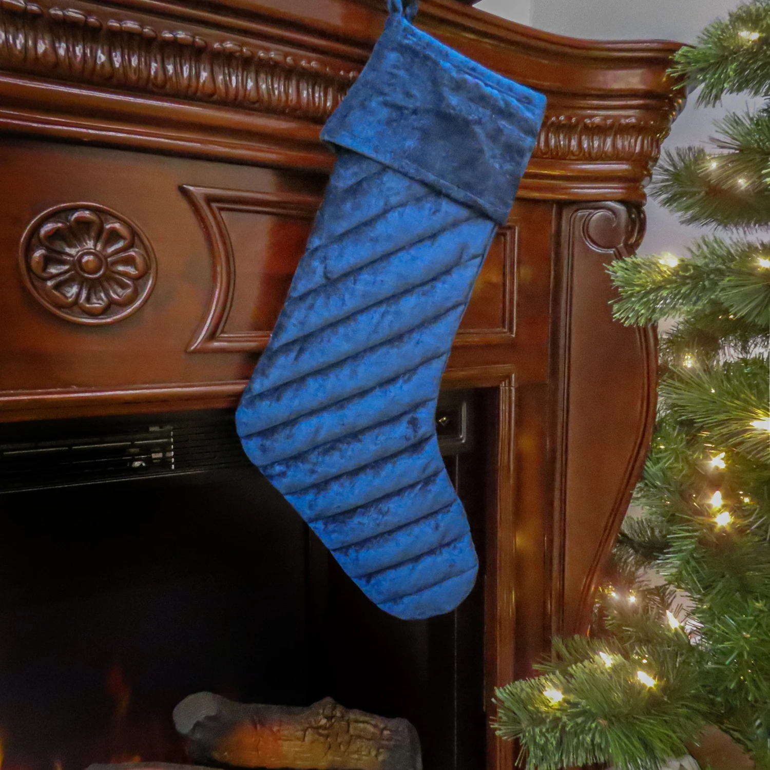 19 In. HGTV Home Collection Quilted Velvet Stocking, Blue 2 19 In. HGTV Home Collection Quilted Velvet Stocking, Blue - Image 2