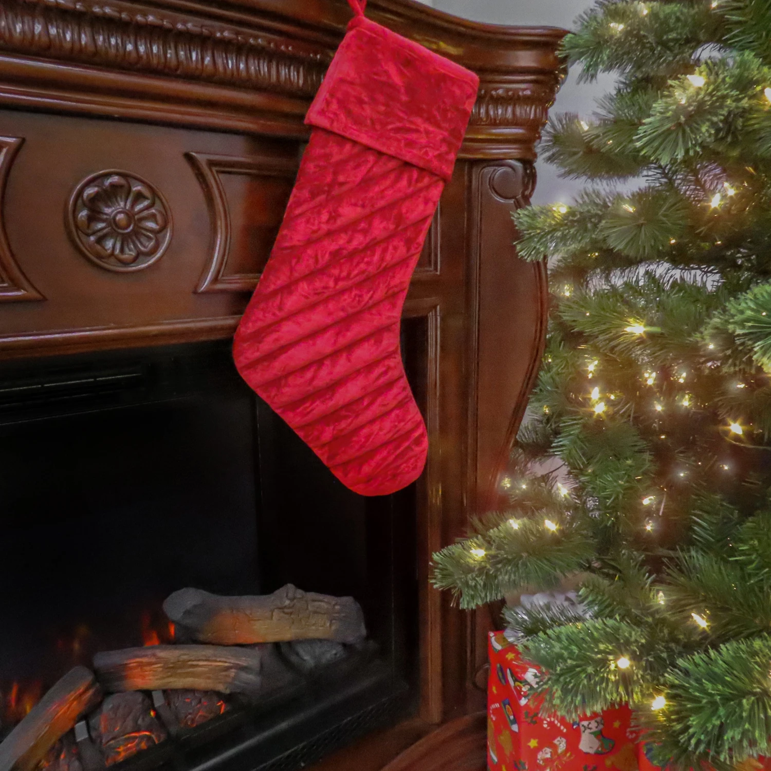 19 In. HGTV Home Collection Quilted Velvet Stocking, Red 2 19 In. HGTV Home Collection Quilted Velvet Stocking, Red - Image 2
