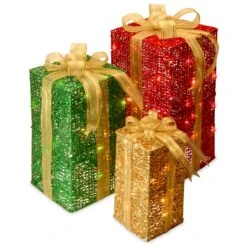 Pre-Lit Multicolor Gift Boxes, Set Of Three, White Lights 9 Pre-Lit Multicolor Gift Boxes, Set Of Three, White Lights -Christmas Trees Sales DF 070001U