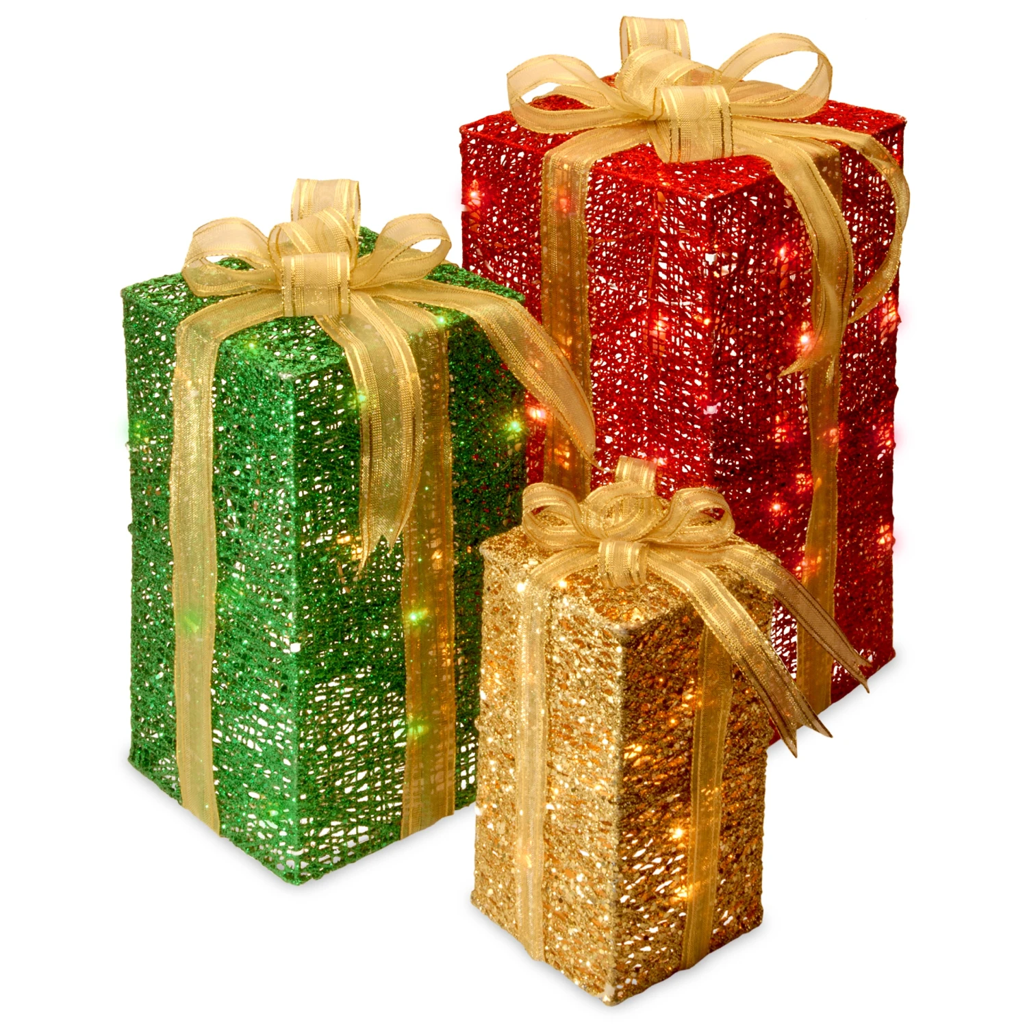 Pre-Lit Multicolor Gift Boxes, Set Of Three, White Lights 4 Pre-Lit Multicolor Gift Boxes, Set Of Three, White Lights - Image 4