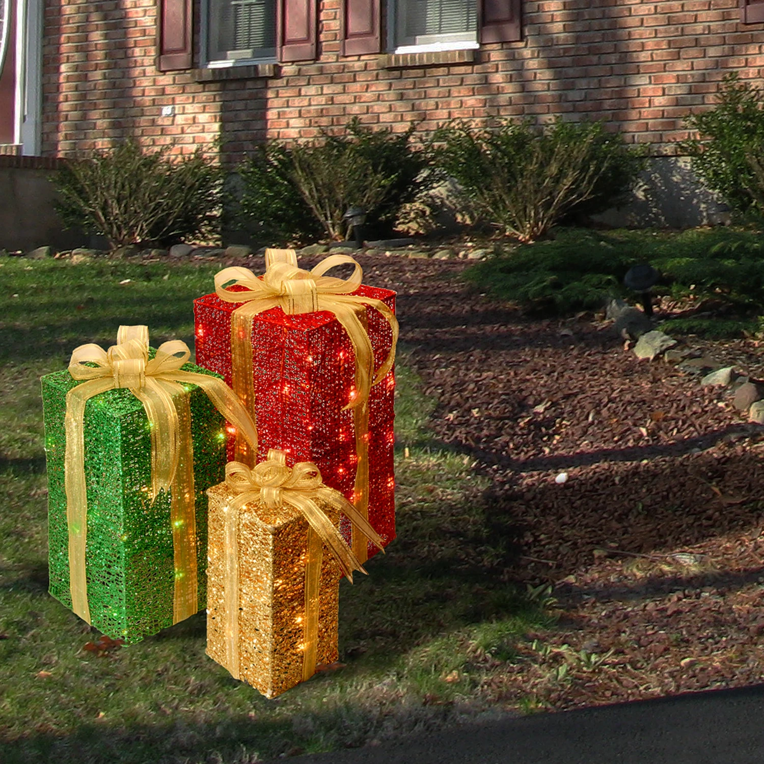 Pre-Lit Multicolor Gift Boxes, Set Of Three, White Lights 5 Pre-Lit Multicolor Gift Boxes, Set Of Three, White Lights - Image 5