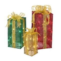 Pre-Lit Multicolor Gift Boxes, Set Of Three, White Lights