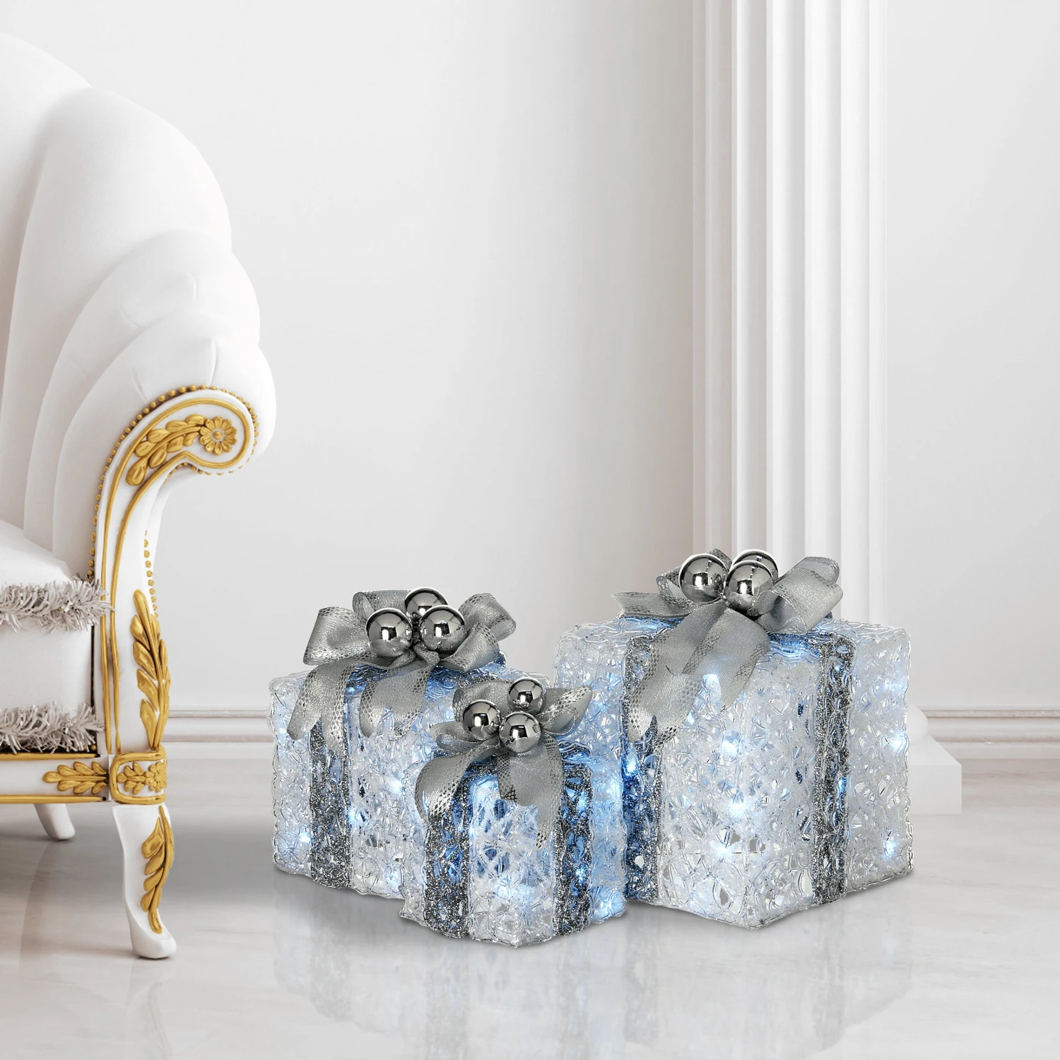 Pre-Lit Decorated White Gift Box Assortment 5 Pre-Lit Decorated White Gift Box Assortment - Image 5