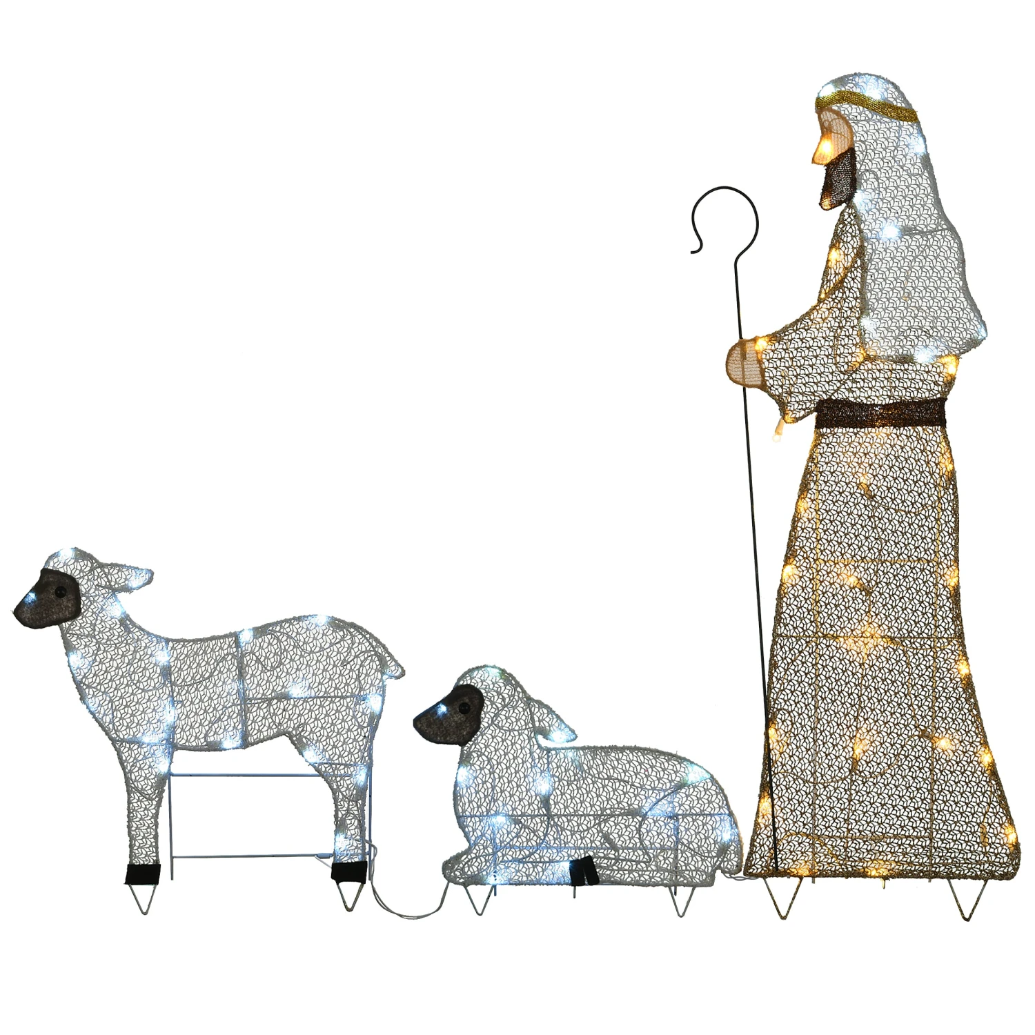 41 In., 18 In. And 12 In. Fabric Glitter Shepherd And Sheep Set With Warm And Cool White Steady LED Lights 1 41 In., 18 In. And 12 In. Fabric Glitter Shepherd And Sheep Set With Warm And Cool White Steady LED Lights