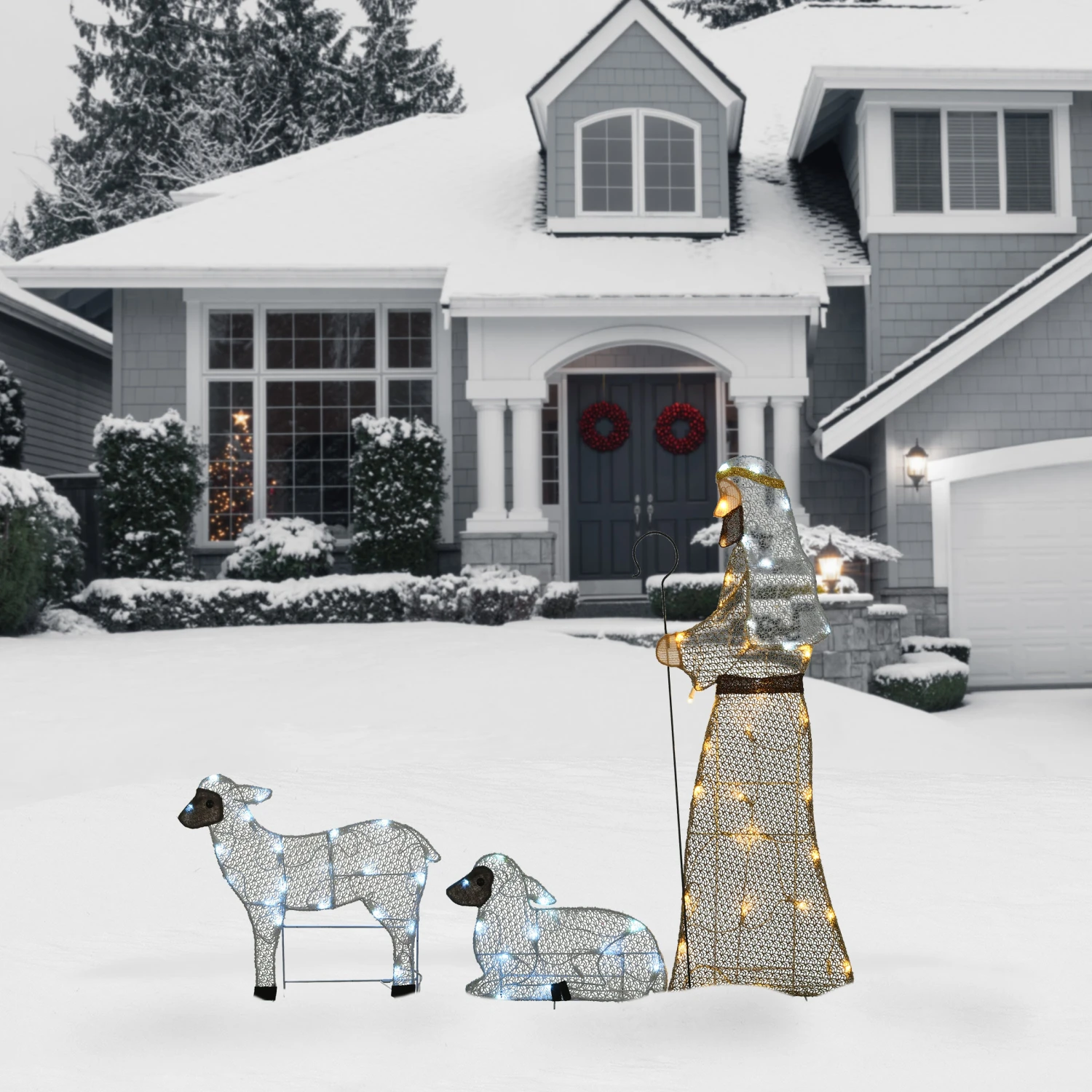 41 In., 18 In. And 12 In. Fabric Glitter Shepherd And Sheep Set With Warm And Cool White Steady LED Lights 2 41 In., 18 In. And 12 In. Fabric Glitter Shepherd And Sheep Set With Warm And Cool White Steady LED Lights - Image 2