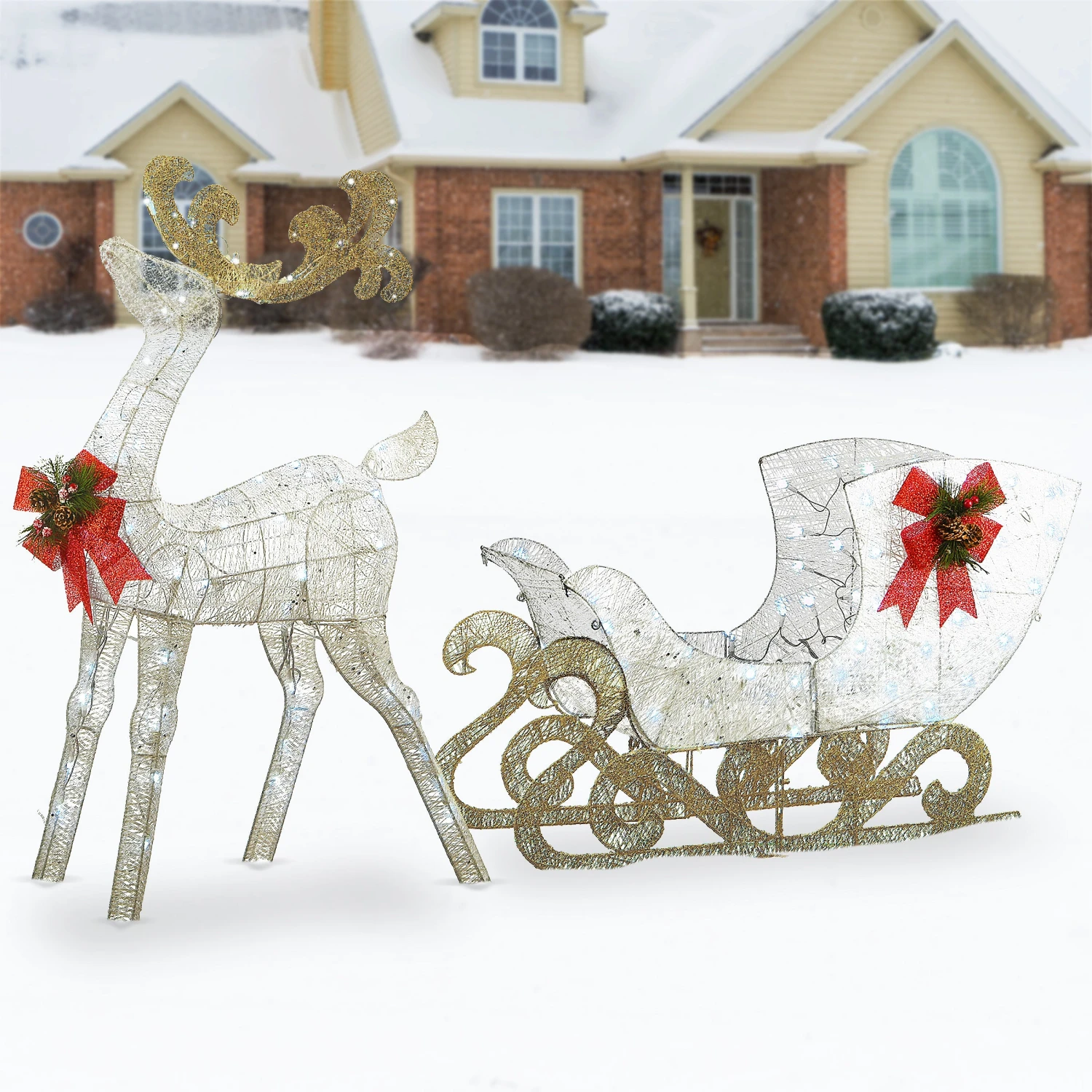 48 In. Pre Lit Sisal Reindeer And Sleigh Decoration With Cool White LED Lights 2 48 In. Pre Lit Sisal Reindeer And Sleigh Decoration With Cool White LED Lights - Image 2