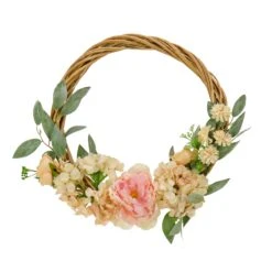 19 In. Spring Hoop Wreath With Wild Rose And Peony Flowers