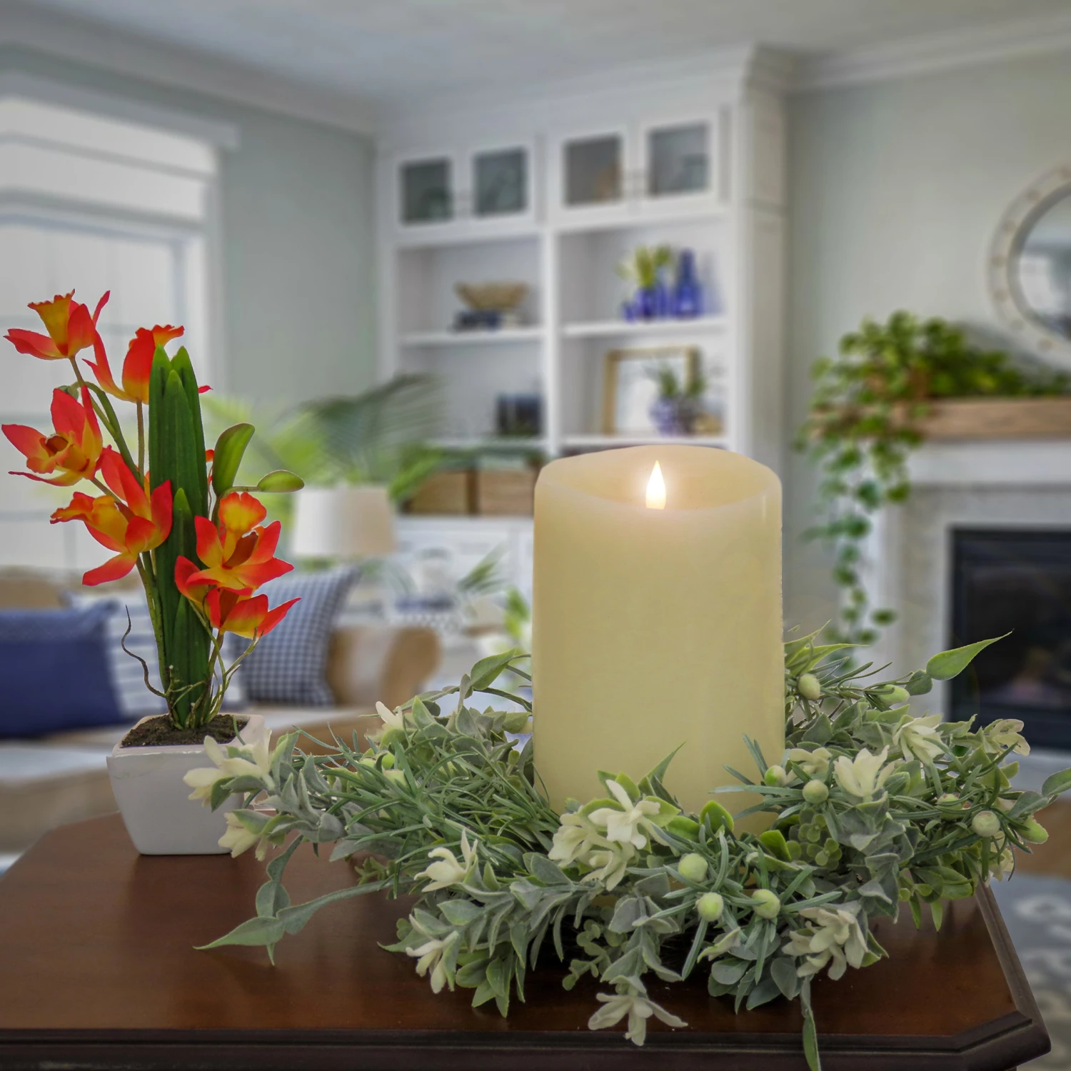 14 In.Spring Table Wreath With Mixed Foliage And Blossom 2 14 In.Spring Table Wreath With Mixed Foliage And Blossom - Image 2