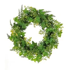 24 In. Spring Wreath With Ivy, Fern Leaves, Seed Pods, And Flowing Green Stems