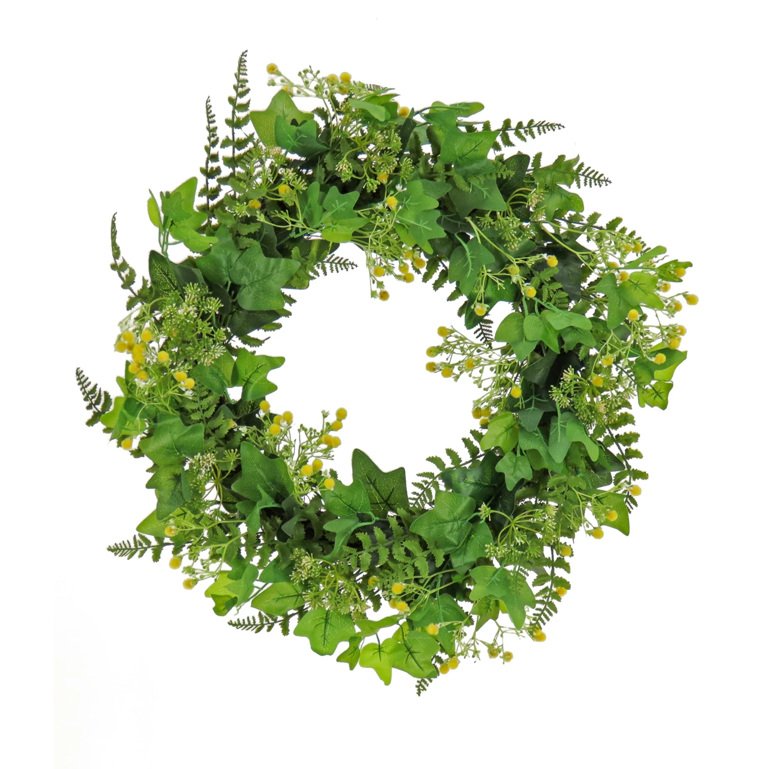 24 In. Spring Wreath With Ivy, Fern Leaves, Seed Pods, And Flowing Green Stems 1 24 In. Spring Wreath With Ivy, Fern Leaves, Seed Pods, And Flowing Green Stems