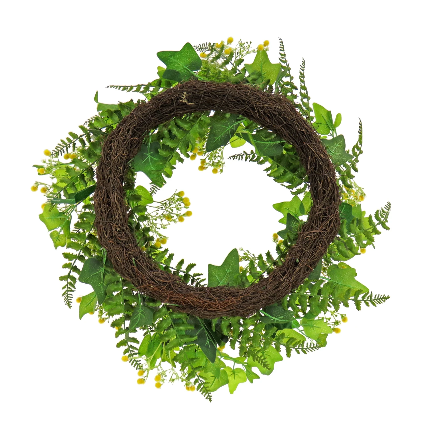 24 In. Spring Wreath With Ivy, Fern Leaves, Seed Pods, And Flowing Green Stems 4 24 In. Spring Wreath With Ivy, Fern Leaves, Seed Pods, And Flowing Green Stems - Image 4