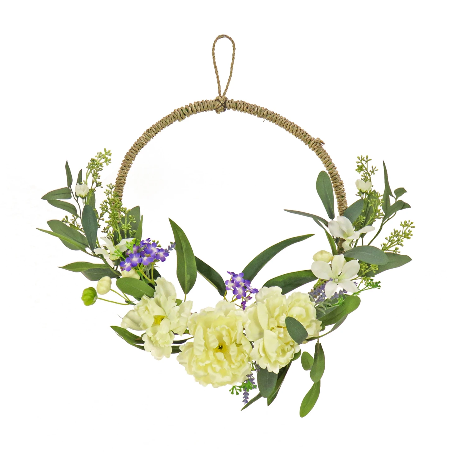 18 In. Spring Hoop Wreath With Peony Flower Blooms, Mini Blossoms, And Flowing Green Stems 1 18 In. Spring Hoop Wreath With Peony Flower Blooms, Mini Blossoms, And Flowing Green Stems