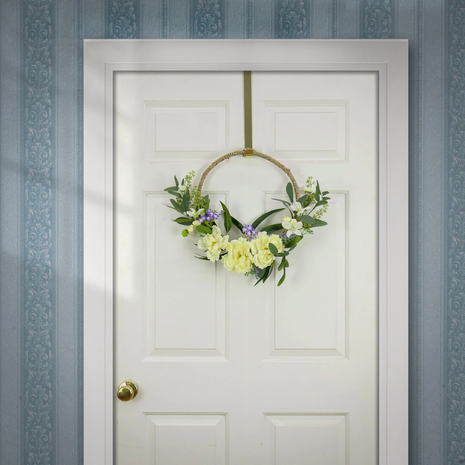 18 In. Spring Hoop Wreath With Peony Flower Blooms, Mini Blossoms, And Flowing Green Stems 2 18 In. Spring Hoop Wreath With Peony Flower Blooms, Mini Blossoms, And Flowing Green Stems - Image 2