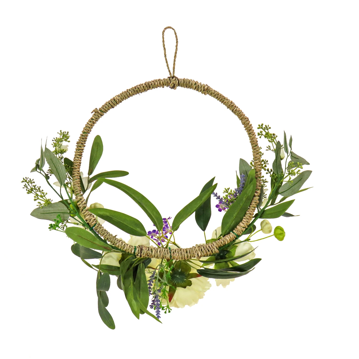 18 In. Spring Hoop Wreath With Peony Flower Blooms, Mini Blossoms, And Flowing Green Stems 4 18 In. Spring Hoop Wreath With Peony Flower Blooms, Mini Blossoms, And Flowing Green Stems - Image 4