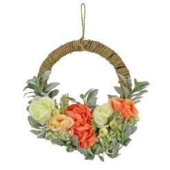 20 In. Spring Hoop Wreath With Peony, Rose, And Lamb's Ear Flower Blooms
