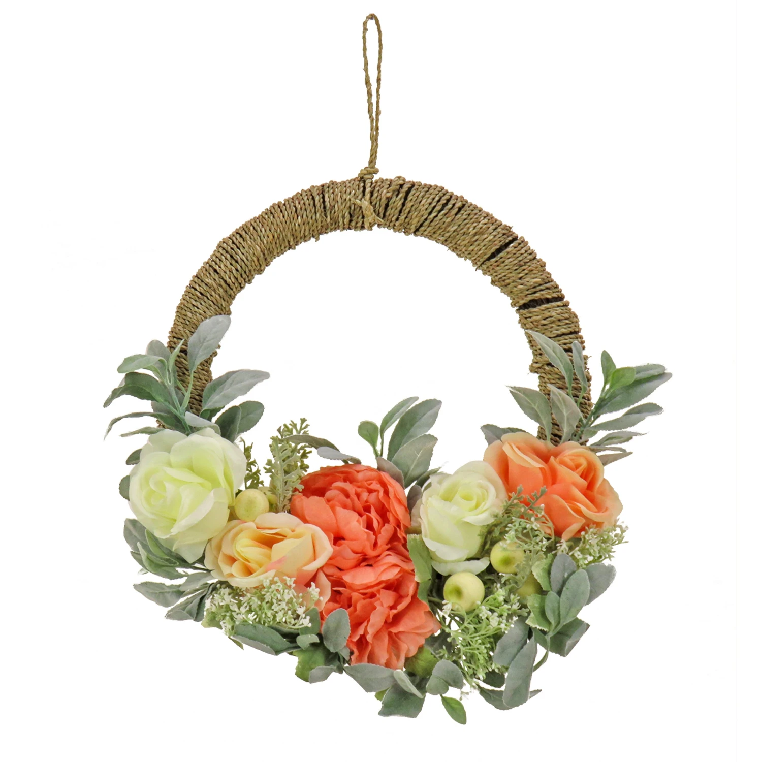 20 In. Spring Hoop Wreath With Peony, Rose, And Lamb's Ear Flower Blooms 1 20 In. Spring Hoop Wreath With Peony, Rose, And Lamb's Ear Flower Blooms