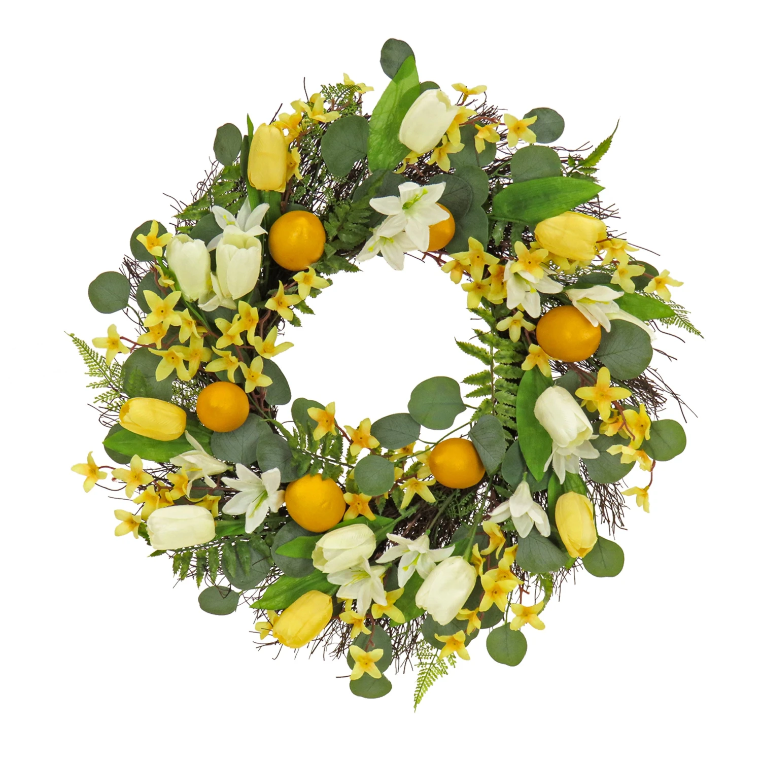 22 In. Spring Wreath With Yellow Tulip Blooms, Lemons, And Forsythia Flower Blossoms 1 22 In. Spring Wreath With Yellow Tulip Blooms, Lemons, And Forsythia Flower Blossoms