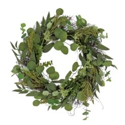 22 In. Spring Wreath With Eucalyptus Leaves, Baby's Breath, Flowing Green Stems