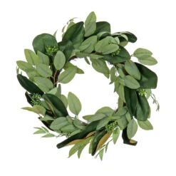 22 In. Spring Wreath With Eucalyptus Leaves, Magnolia Blooms, Flowing Green Stems