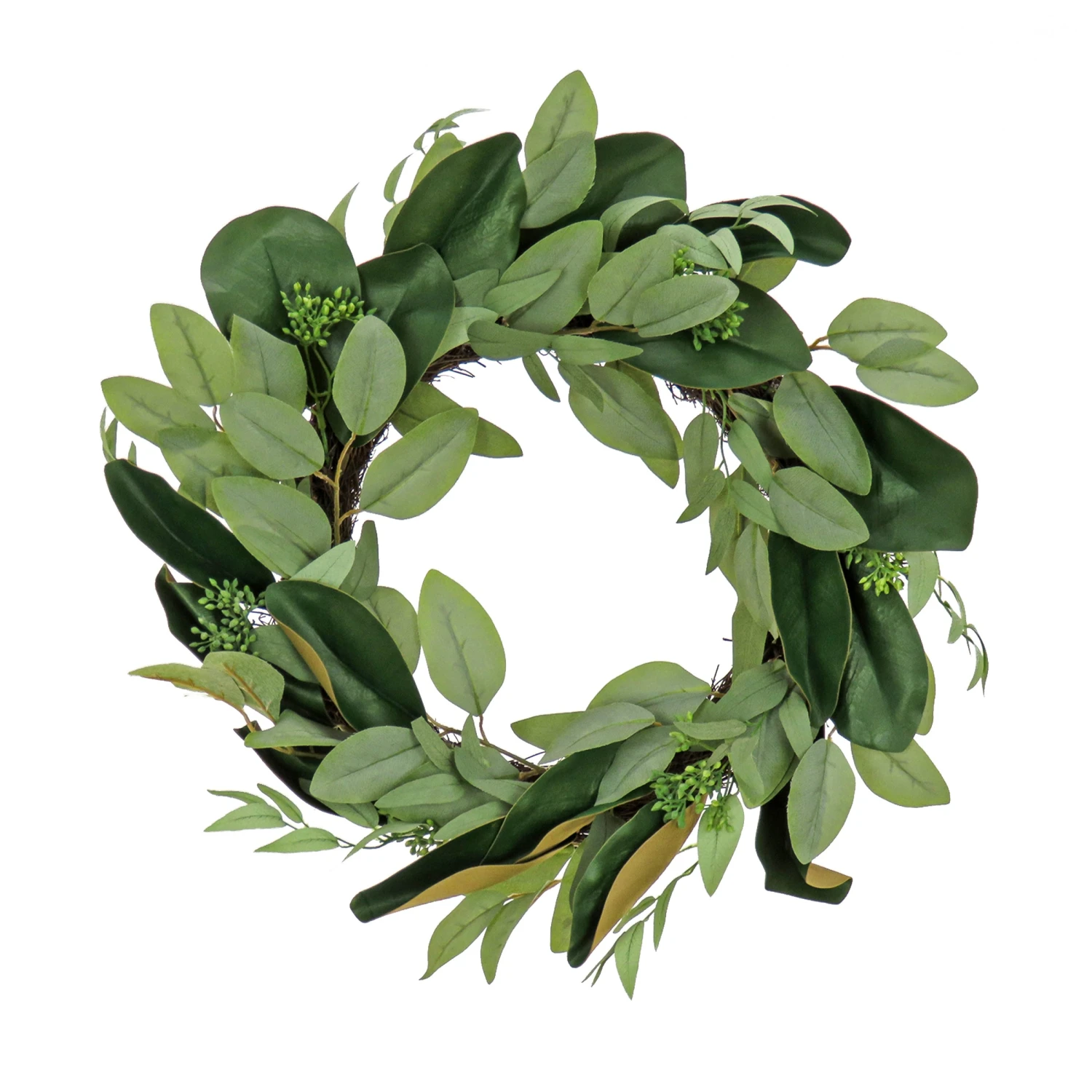 22 In. Spring Wreath With Eucalyptus Leaves, Magnolia Blooms, Flowing Green Stems 1 22 In. Spring Wreath With Eucalyptus Leaves, Magnolia Blooms, Flowing Green Stems