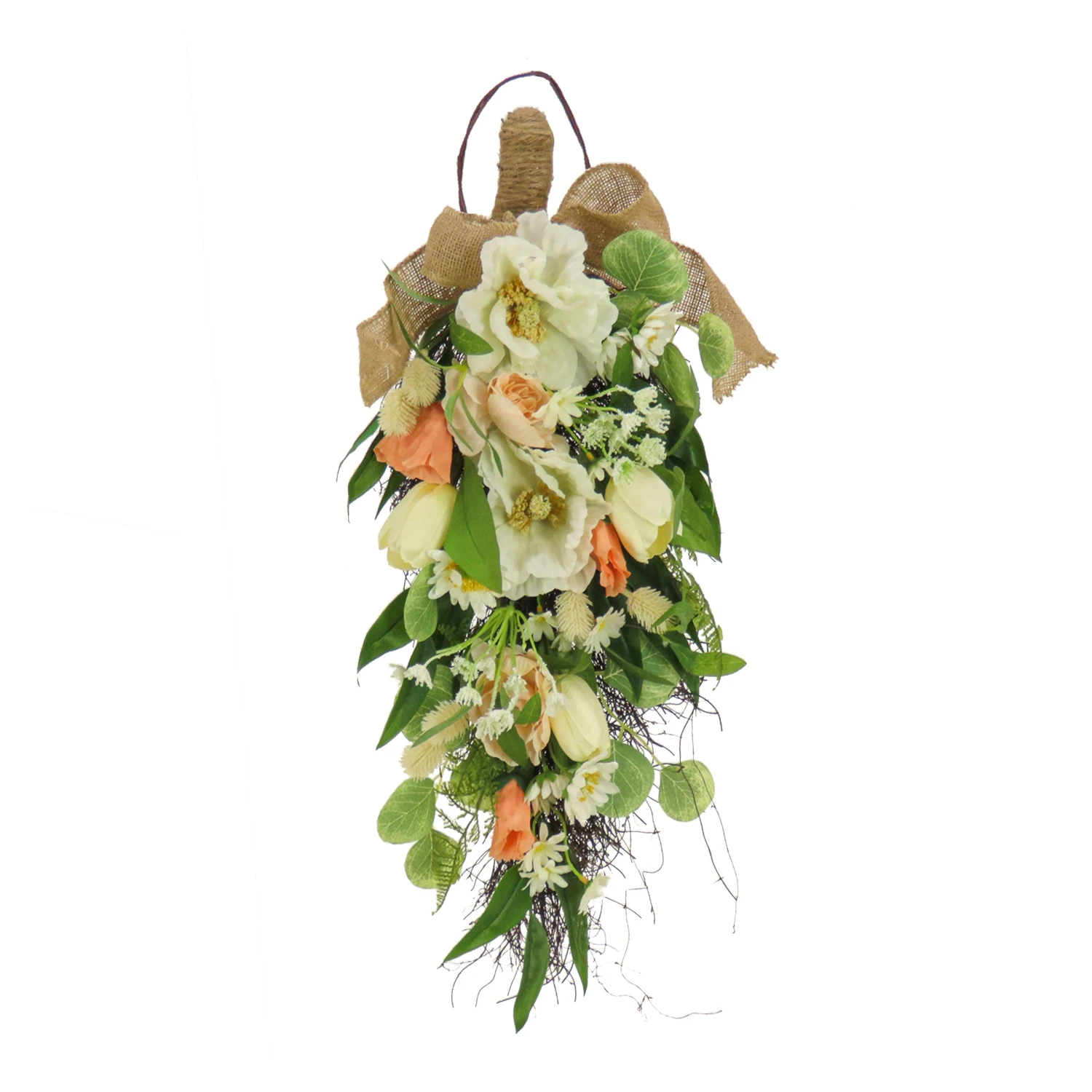 26 In. Spring Teardrop Wall Hanging Decoration With Tulip Blooms, Poppies, Buttercup Blossoms, Flowing Green Stems 1 26 In. Spring Teardrop Wall Hanging Decoration With Tulip Blooms, Poppies, Buttercup Blossoms, Flowing Green Stems