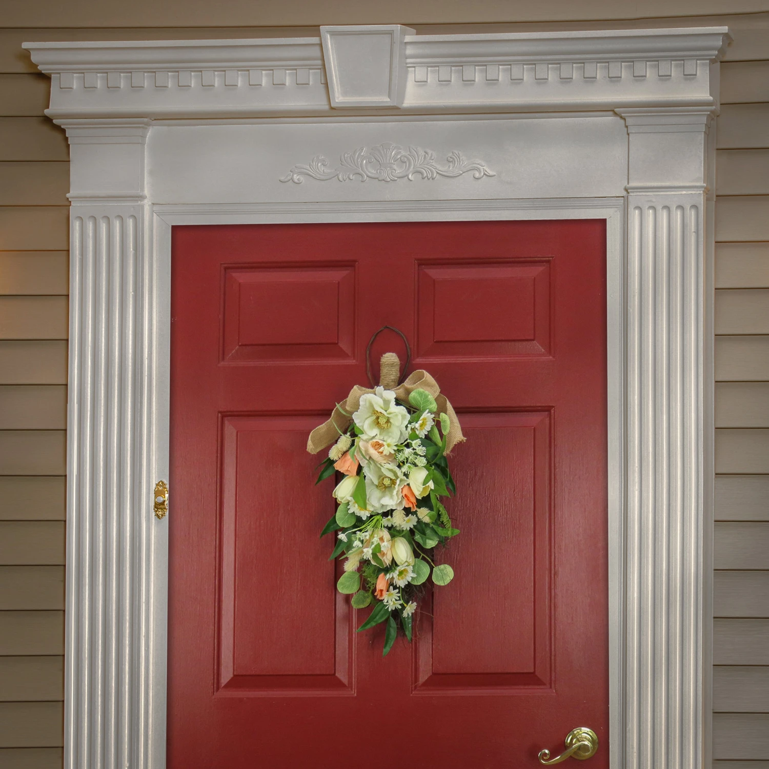 26 In. Spring Teardrop Wall Hanging Decoration With Tulip Blooms, Poppies, Buttercup Blossoms, Flowing Green Stems 2 26 In. Spring Teardrop Wall Hanging Decoration With Tulip Blooms, Poppies, Buttercup Blossoms, Flowing Green Stems - Image 2