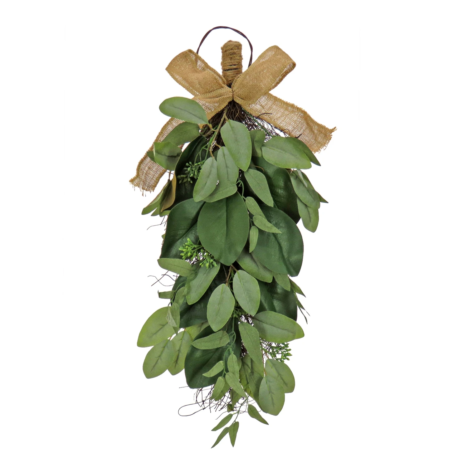 26 In. Spring Teardrop Wall Hanging Decoration With Eucalyptus Leaves, Magnolia Blooms, Flowing Green Stems 1 26 In. Spring Teardrop Wall Hanging Decoration With Eucalyptus Leaves, Magnolia Blooms, Flowing Green Stems