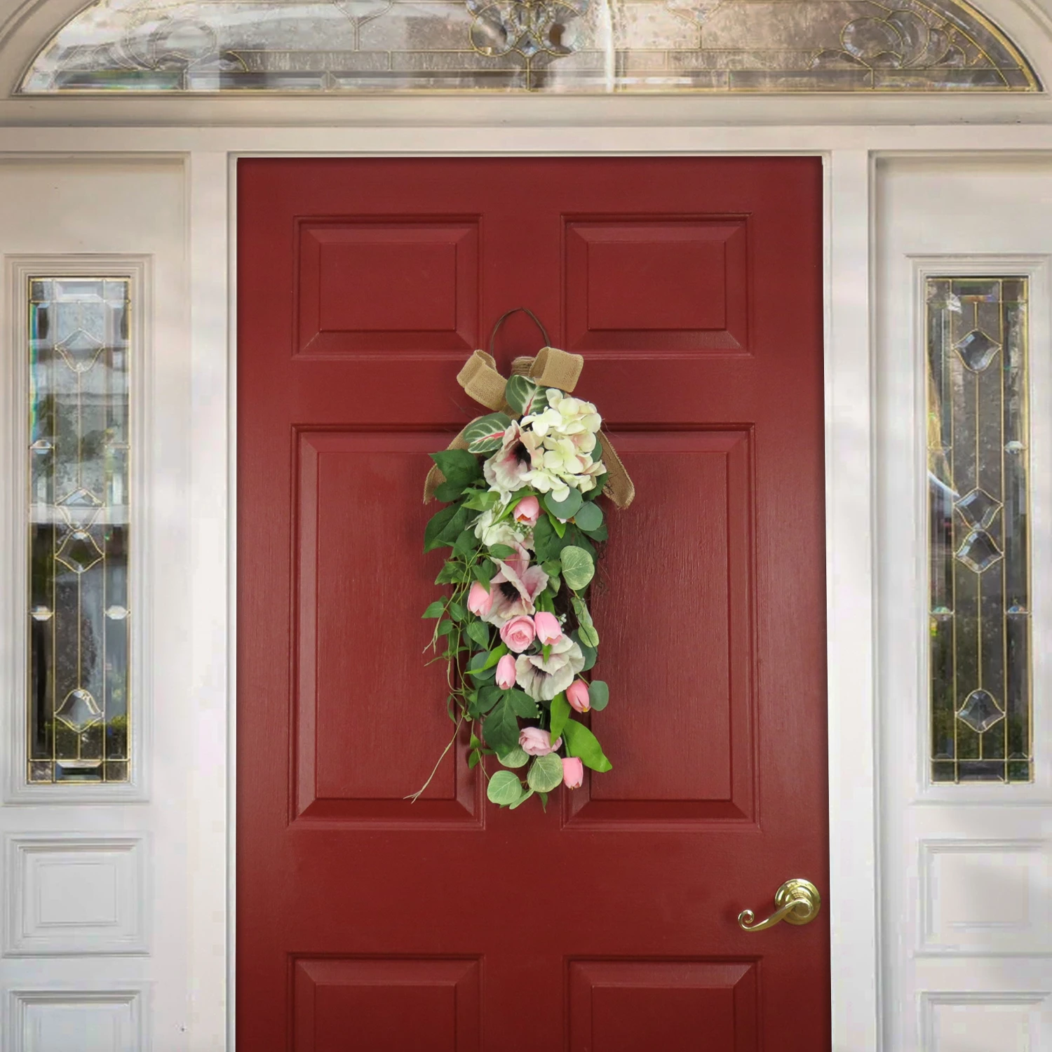 26 In. Spring Teardrop Wall Hanging Decoration With Hydrangea And Tulip Blooms, Eucalyptus Leaves, Flowing Green Stems 2 26 In. Spring Teardrop Wall Hanging Decoration With Hydrangea And Tulip Blooms, Eucalyptus Leaves, Flowing Green Stems - Image 2