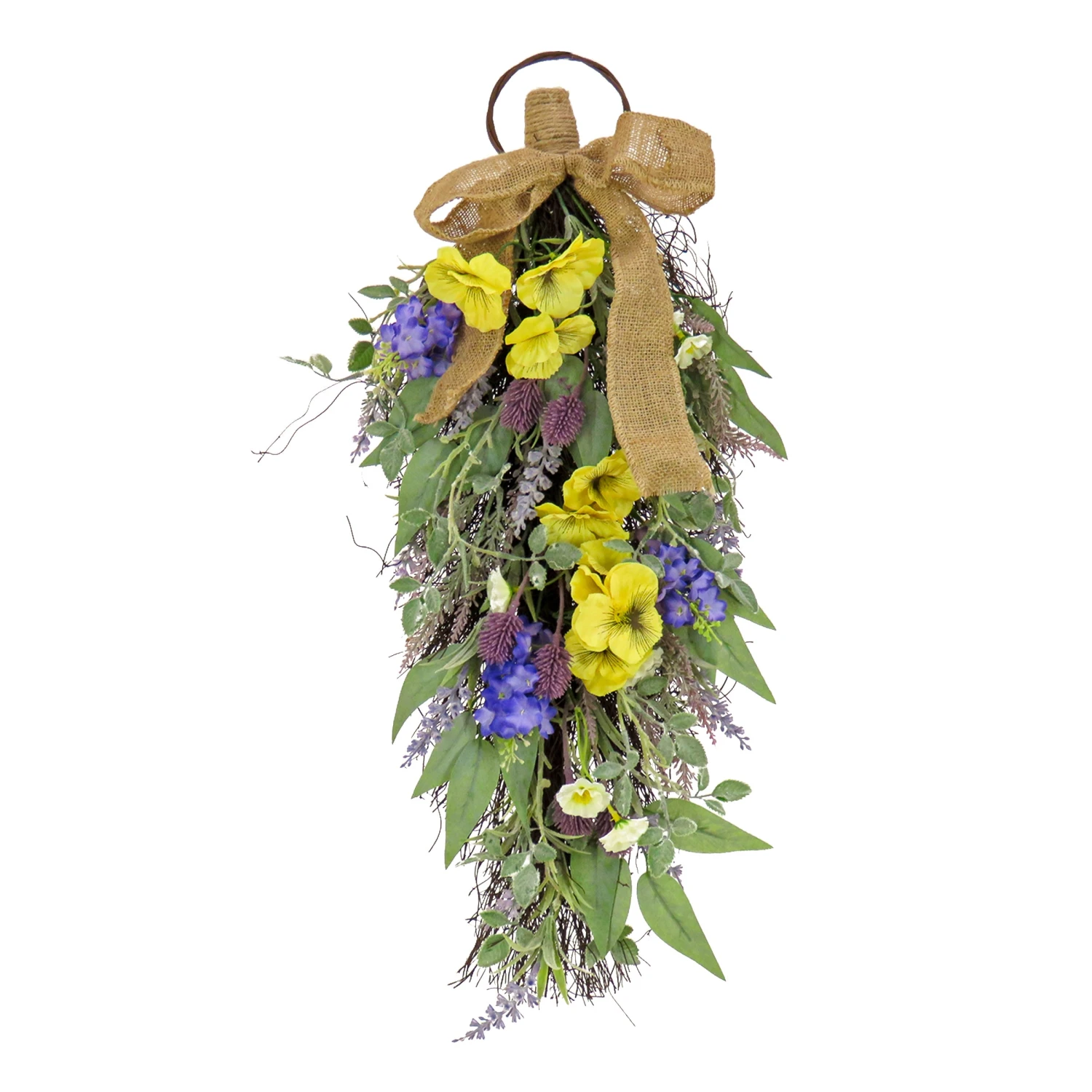 26 In. Spring Teardrop Wall Hanging Decoration With Pansy Blooms, Lavender, Assorted Blossoms, Flowing Green Stems 1 26 In. Spring Teardrop Wall Hanging Decoration With Pansy Blooms, Lavender, Assorted Blossoms, Flowing Green Stems