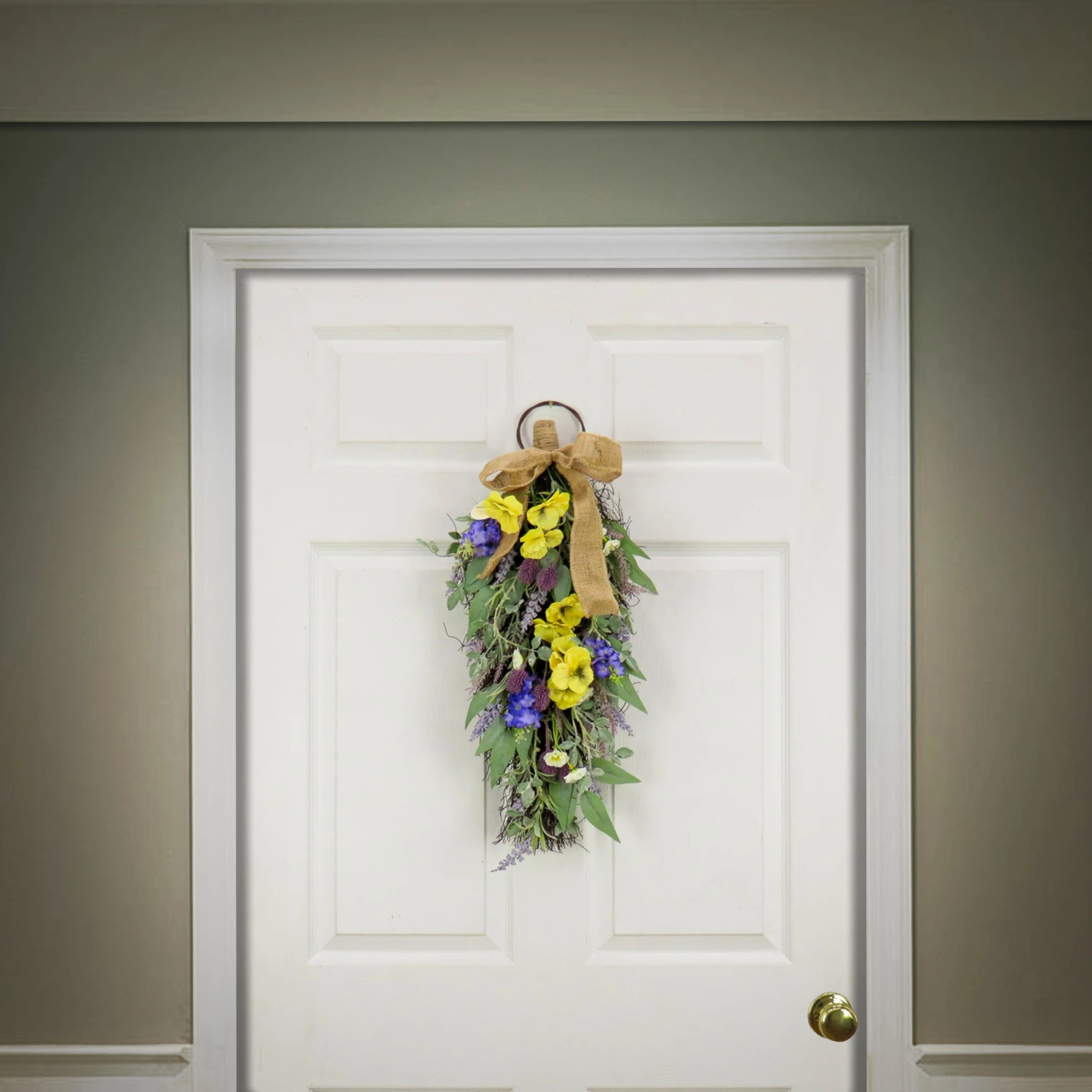 26 In. Spring Teardrop Wall Hanging Decoration With Pansy Blooms, Lavender, Assorted Blossoms, Flowing Green Stems 2 26 In. Spring Teardrop Wall Hanging Decoration With Pansy Blooms, Lavender, Assorted Blossoms, Flowing Green Stems - Image 2