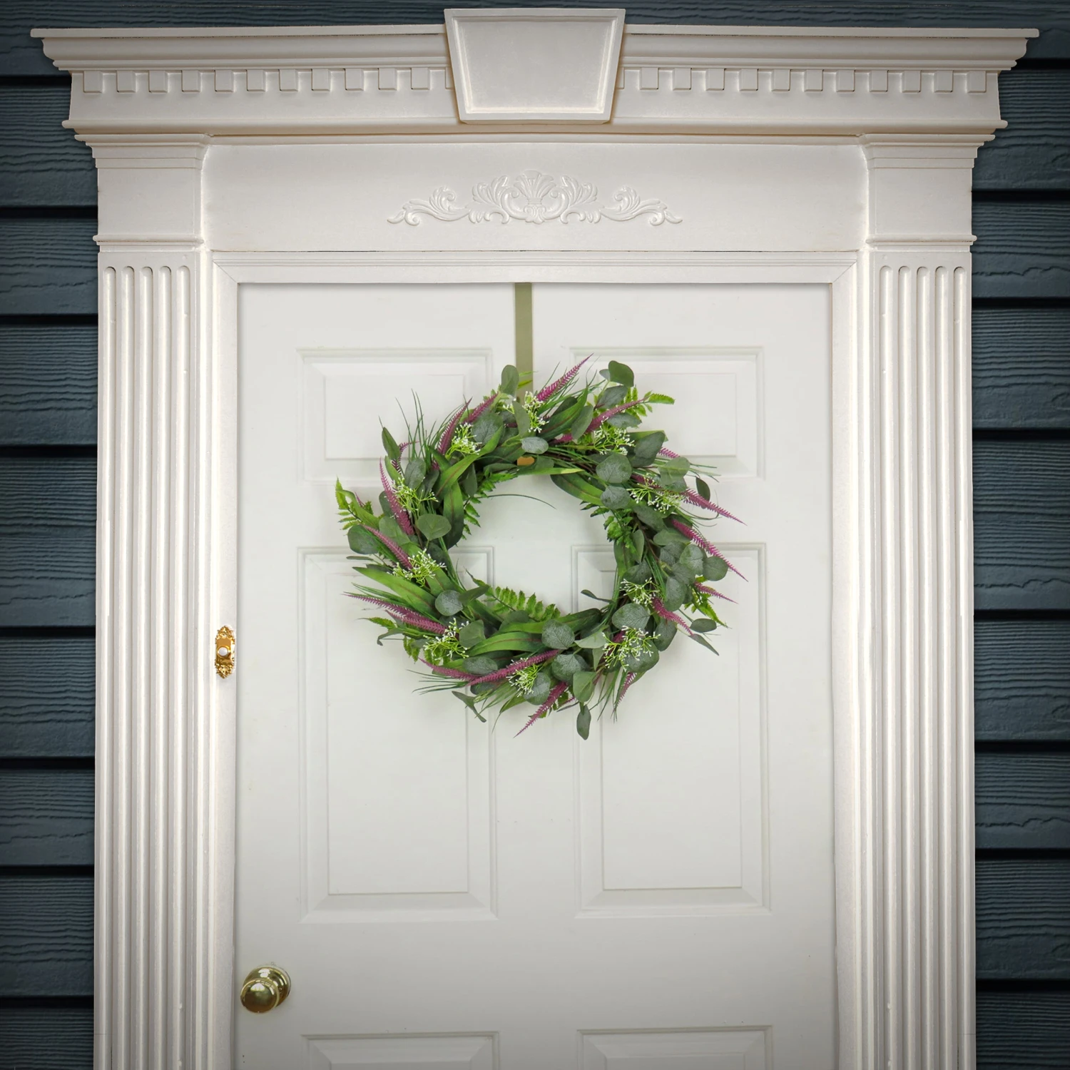 22 In. Spring Wreath With Eucalyptus Leaves, Lavender, Flowing Green Stems 2 22 In. Spring Wreath With Eucalyptus Leaves, Lavender, Flowing Green Stems - Image 2