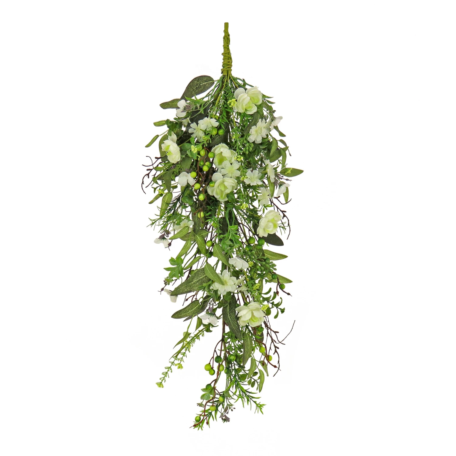 28 In. Spring Teardrop Wall Hanging Decoration With Flower Blooms, Berries, Leafy Greens 1 28 In. Spring Teardrop Wall Hanging Decoration With Flower Blooms, Berries, Leafy Greens