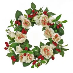 22 In. Spring Wreath With Peony Flowers, Raspberries, And Leafy Greens